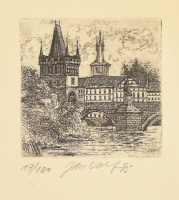 Olvashatatlan jelzéssel, 2 db vásroi látkép híddal. Rézkarc, papír, számozott. Üvegezett fa keretben. 5x4,5 és 6,5x4,5 cm