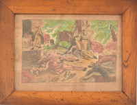 Des Weidmanns Sommer (A vadász nyara). Színezett rézkarc, Wien b. A. Gruber kiadói jelzéssel, XIX. század. Kissé sérült üvegezett fa keretben. 18,5x24 cm./