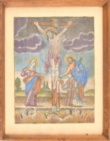 Krisztus a kereszten. Színezett rézmetszet, papír, kartonra kasírozva, XIX. század. Kissé kopott üvegezett fa keretben. 24,5x18,5 cm./