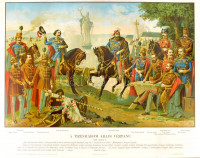 A tizenhárom aradi vértanú. Bellony(i) László (1871-1913) festménye után készült kromolitográfia, papír, sérült. Jelzett a litográfián: Bellony Laszlo 900. Kiadó tulajdonos: Székely Aladár könyv- és képkiadó Bp. Üvegezett fa