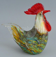 Muranói üveg kakas figura, színezett, apró kopásnyomokkal, m: 20 cm, h: 19 cm