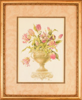 Díszes, paszpartuzott üvegezett fa képkeretben nyomat tulipános csendélettel. Kerete belső méret: 51x40,5 cm. Paszpartu által látható méret: 35,5x25 cm