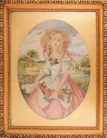 Nagy méretű üvegezett keret régi gobelinnel. Képméret 68x93 cm