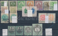 1868-1934 19 db különleges magyar okmánybélyeg, köztük céglyukasztásos, hártyapapíros változat, nyomási eltérések