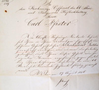 1856 A budai német Karl David Pfister (1822-?), a cs. kir. Pénzverési- és Bányászati Udvari Könyvelés számvevőtisztje részére írt német nyelvű levél a cs. kir. Felső Számvevőhivataltól fizetésemelés tárgyában, felzetes