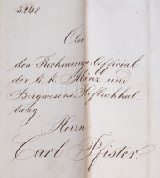 1856 A budai német Karl David Pfister (1822-?), a cs. kir. Pénzverési- és Bányászati Udvari Könyvelés számvevőtisztje részére írt német nyelvű levél a cs. kir. Felső Számvevőhivataltól fizetésemelés tárgyában, felzetes