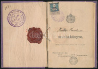 1908 Fizető pincérnő munkakönyve Radványi Béla és más vendéglősök aláírásával