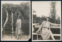 1930 június 12, Budapest, Margitsziget, fiatal hölgyről készült felvételek, egyik a Japánkertben található vízesésnél, hátoldalán feliratozott 2 db vintage fotó, egyik a jobb alsó sarkában hiányos, 8x6 cm
