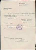 1938 M. Kir. Vallás és Közoktatásügyi Minisztérium, értesítés 100 P rendkívüli (szülési) segélyről fejléces papíron, Pozsonyi miniszteri shiv. igazgató aláírásával és a minisztérium pecsétjével, hajtásnyomokkal
