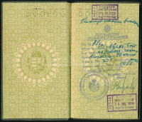 1939 Magyar Királyság fényképes útlevele, Várpalánkán született kaposvári állatorvos részére, jugoszláv (Koprivnica-Kapronca) bélyegzéssel