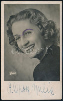 Orosz Júlia (1906-1997) opera-énekesnő aláírt fotólapja, a fotólap sarkán törésnyommal, a felületén firkával.
