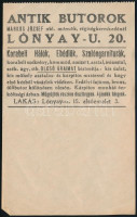 cca 1930-35  Budapest, IX., Lónyay utca 2, antik búturok, Márkus József régiségkereskedő reklám szórólap/számolócédula, hajtásnyommal, 14,5x9 cm