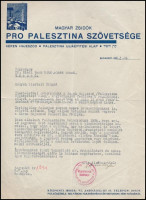 1936 A Magyar Zsidók Pro Palesztina Szövetsége kézzel aláírt, pecsételt, gépelt levele, Dr. Biedl Samu szegedi hitközségi elnöknek, melyben kérik a jegyzett összeggel támogatni a 15 éves Palesztin Újjáépítési Alapot, hátoldalon