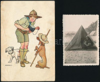 1933.VIII.1 Márton Lajos által illusztrált, Magyar Cserkésszövetség által kiadott levelezőlap feladva a IV. gödöllői jamboree-ról, X. altábor 192 sz., Kaposvárra főállatorvosnak küldve, törésekkel + Cserkész a sátorban, vintage