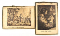 cca 1860-1900, 2 db bibiliai témájú kép: Giovanni Francesco Barbieri után: Szent Márk. Litográfia, papír, kartonra ragasztva, foltos, 28,5x21,5 cm. Wilhelm Ebbinghaus után: Káin és Ábel áldozata. Litográfia, papír, kartonra