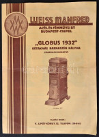 1932 Weiss Manfréd Acél- és Fémművei Rt. Globus '1932 kétaknás barnaszén kályha' termékismertető prospektusa, 4p