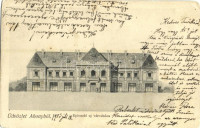1903 Abony, Építendő új városháza, Varjasi Péter szatócs, Lovassy Géza szabó, Karikás Andor, Kakas Márton, Váradi Árpád, Sándy Gyula üzlete (kopott sarkak / worn corners)