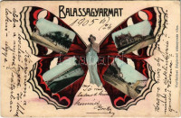 1905 Balassagyarmat, Kaszinókert, Scitovszky út, villa, Ipoly híd (demarkációs vonal), Fő utca, Városháza. Wertheimer Zsigmond kiadása. Szecessziós pillangós hölgy montázs művészlap / Art Nouveau butterfly lady montage art postcard