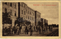 Cieszyn, Teschen; K. k. Landwehr-Kaserne / K.u.K. military barracks, group of soldiers. Verlag Holländer (EB)