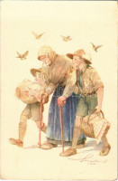 A cserkész ahol tud segít. A Magyar Cserkészszövetség kiadása / Hungarian boy scout art postcard s: Márton L.
