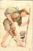 A cserkész takarékos. A Magyar Cserkészszövetség kiadása / Hungarian boy scout art postcard s: Márton L. (EK)