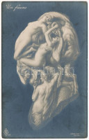 Un faune. Erotikus optikai illúziós képeslap meztelen nőkkel / Optical Illusion art postcard with erotic nude ladies. P.F.B. 219.