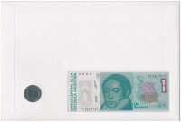 Argentína érmés és bankjegyes, pecsételt boríték benne 1959. 1P Ni-acél érmével és 1985-1989. 1A bankjeggyel a PHILSWISS kiadásában, német leírással T:1,I