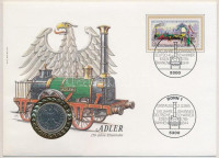 NSZK 1985D 1M Cu-Ni érmés borítékon alkalmi bélyegzős bélyeggel, német nyelvű leírással T:1-GFR 1985D 1 Mark in coin letter with stamp with description in German C:AU