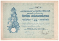 Mándok 1927. 'Mándoki Takarékpénztár Részvénytársaság' ötöd részvénye 4P-ről (5x) '2985 I', '2985 II', '2985 III', '2985 IV' és '2985 V' sorszámú részvények, szárazpecséttel és egy kivételével szelvényekkel T:II