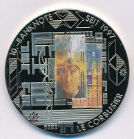 Svájc DN '10.-banknote seit 1997' fém emlékérem 10Fr svájci bankjegy multicolor képével (50mm) T:1 Switzerland ND '10.-banknote seit 1997' metal commemorative medallion with the multicolor image of 10 Francs banknote (50mm) C:UNC