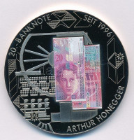 Svájc DN '20.-banknote seit 1996' fém emlékérem 20Fr svájci bankjegy multicolor képével (50mm) T:1 Switzerland ND '20.-banknote seit 1996' metal commemorative medallion with the multicolor image of 20 Francs banknote (50mm) C:UNC