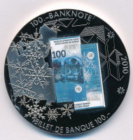 Svájc 2010. '100.-banknote' fém emlékérem 100Fr svájci bankjegy multicolor képével (50mm) T:1 Switzerland 2010. '100.-banknote' metal commemorative medallion with the multicolor image of 100 Francs banknote (50mm) C:UNC