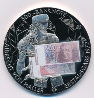Svájc DN '500.-banknote seit 1977' fém emlékérem 500Fr svájci bankjegy multicolor képével (50mm) T:1 Switzerland ND '500.-banknote seit 1977' metal commemorative medallion with the multicolor image of 500 Francs banknote (50mm) C:UNC