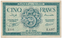 Algéria 1942. 5Fr T:IIIAlgeria 1942. 5 Francs C:FKrause P#91