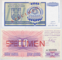 Bosznia-Hercegovina 1992. 10D 'SPECIMEN' + Bosznia-Hercegovina / Szerb Köztársaság 1993. 10.000.000D 'SPECIMEN' T:IBosnia-Hercegovina 1992. 10 Dinara 'SPECIMEN' + Bosnia and Hercegovina / Serbian Republic 1993. 10.000.000 Dinara 'SPECIMEN'