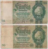 Német Harmadik Birodalom 1933. 50M (2x) T:III- kis szakadás és ly. German Third Reich 1933. 50 Mark (2x) C:VG small tear and hole Krause#182