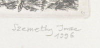 Szemethy Imre (1945- ): Világvége, 1996 . Rézkarc, papír, jelzett,számozott (19/20) üvegezett fa keretben, 19,5×29 cm