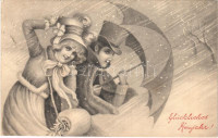 Glückliches Neujahr! / New Year greeting, couple in snow storm. V. K. Vienne 5002/a. (EK)