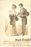 Prosit Neujahr / New Year greeting, couple. Art Nouveau, Emb., litho  (Rb)