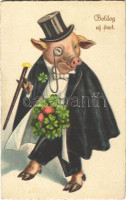 Boldog új évet! Malac cilinderben / New Year greeting. Pig in top hat. WSSB 9696. litho  (EK)