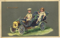 1911 Boldog újévet! Gyerekek kocsiban / New Year greeting, children in automobile. litho  (EK)