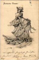 1904 Fröhliche Ostern! / Easter greeting card, ladies with chickens. C. Ledermann jr. (b)
