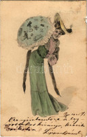 1905 Boldog Újévet! / New Year greeting card, lady with umbrella. Theo. Stroefer Serie 436. Nr. 2. (b)