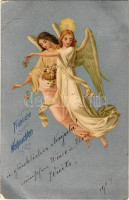 1901 Szerencsés Boldog Újévet! / New Year greeting art postcard, romantic couple. Kunstverlag Rafael Neuber Serie 47. litho s: E. Döcker jun. (Rb)