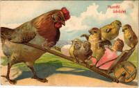 Húsvéti üdvözlet / Easter greeting card, chicken with eggs. litho (EK)