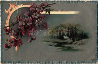 1908 Art Nouveau, floral greeting card with winter landscape. Emb. metallic, litho (b)