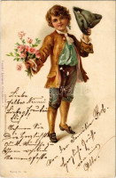 Romantic greeting card, boy with flowers. Lith. Druck u. Verlag v. Wezel & Naumann Serie 44. 10. litho (Rb)