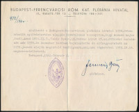 1940 Bp, a Budapest-Ferencvárosi Róm. Kat. Plébánia Hivatalának bizonyító levele Rosner Lajos keresztény hitre való áttéréséről.
