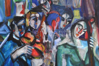 Schönberger jelzéssel: Zenélő társaság. Olaj, papír. 47,5x35,5 cm
