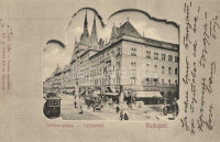 Budapest VIII. Rákóczi út, Luther udvar, villamos, Munkácsy kávéház, üzletek. Divald Károly 210. sz. (Rb)